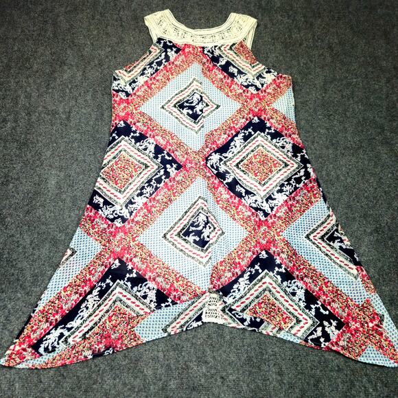 Tanzara Dress Large Boho Geometric Print Crochet Trim Handkerchief Hem Lined - Picture 4 of 8